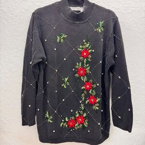 Victoria Jones Womens XL‎ Beaded Poinsettia Christmas Sweater Black Holiday